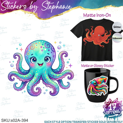 (s02A-394) Octopus Squid Illustrated Graphic Iron-On Transfer or Sticker