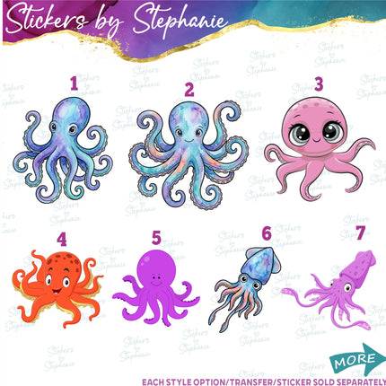 (s02A-394) Octopus Squid Illustrated Graphic Iron-On Transfer or Sticker