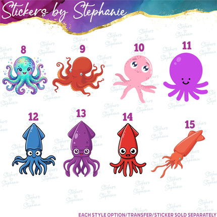 (s02A-394) Octopus Squid Illustrated Graphic Iron-On Transfer or Sticker