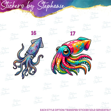 (s02A-394) Octopus Squid Illustrated Graphic Iron-On Transfer or Sticker