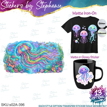(s02A-396) Jellyfish Illustrated Graphic Iron-On Transfer or Sticker