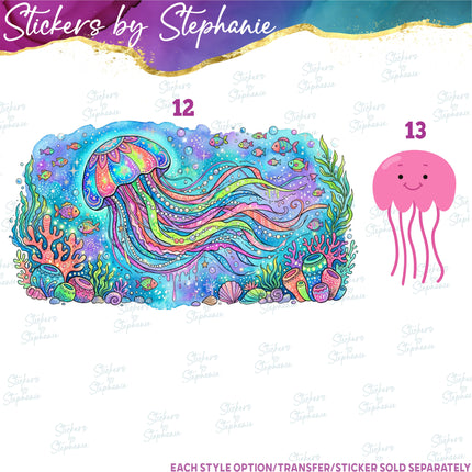 (s02A-396) Jellyfish Illustrated Graphic Iron-On Transfer or Sticker