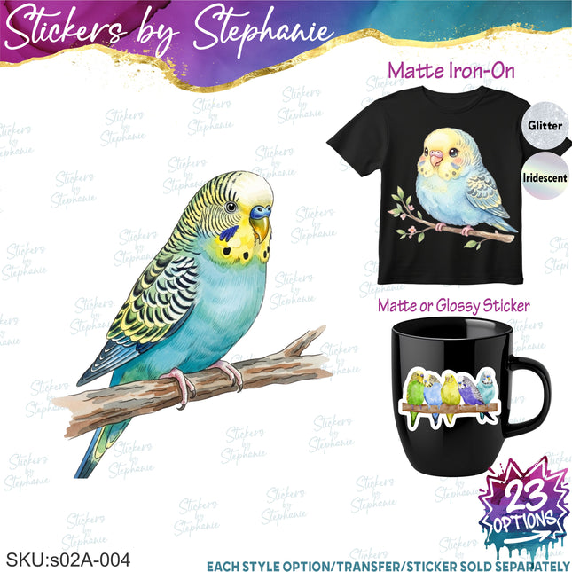 (s02A-004) Parakeet Illustrated Graphic Iron-On Transfer or Sticker