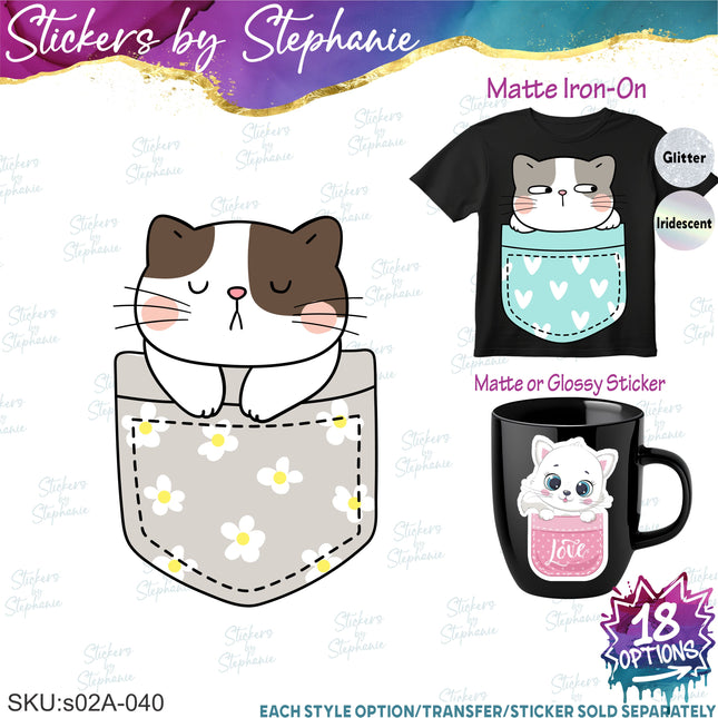 (s02A-040) Pocket Cat Kitten Graphic Iron-On Transfer or Sticker