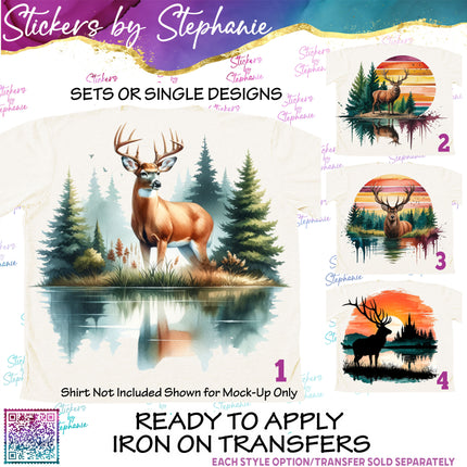 (s02A-405) Deer Lake Sunset Illustrated Graphic Iron-On Transfer or Sticker