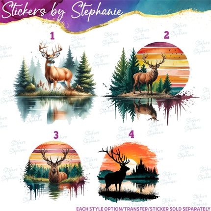 (s02A-405) Deer Lake Sunset Illustrated Graphic Iron-On Transfer or Sticker