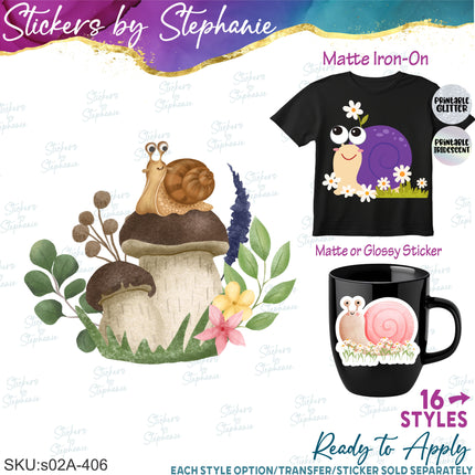 (s02A-406) Snail Illustrated Graphic Iron-On Transfer or Sticker
