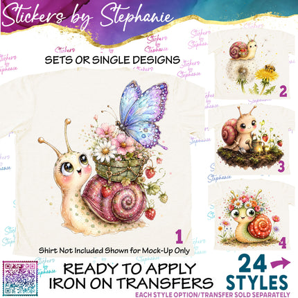 (s02A-407) Whimsical Snail Flowers Illustrated Graphic Iron-On Transfer or Sticker