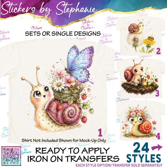 (s02A-407) Whimsical Snail Flowers Illustrated Graphic Iron-On Transfer or Sticker