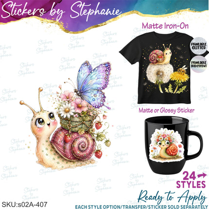 (s02A-407) Whimsical Snail Flowers Illustrated Graphic Iron-On Transfer or Sticker