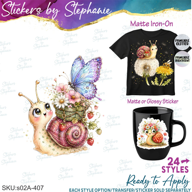 (s02A-407) Whimsical Snail Flowers Illustrated Graphic Iron-On Transfer or Sticker