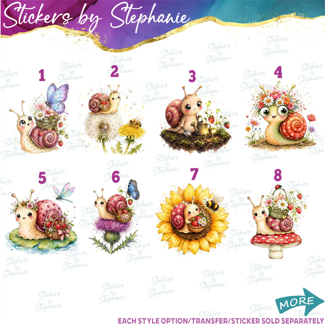 (s02A-407) Whimsical Snail Flowers Illustrated Graphic Iron-On Transfer or Sticker