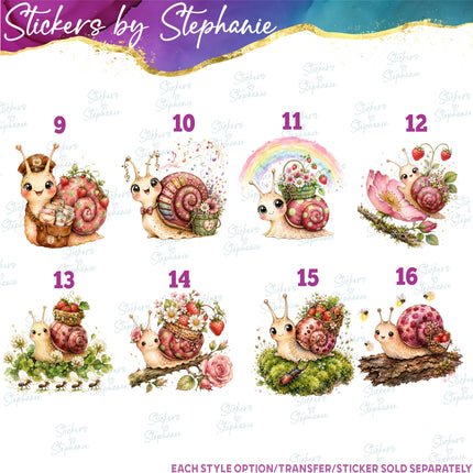 (s02A-407) Whimsical Snail Flowers Illustrated Graphic Iron-On Transfer or Sticker