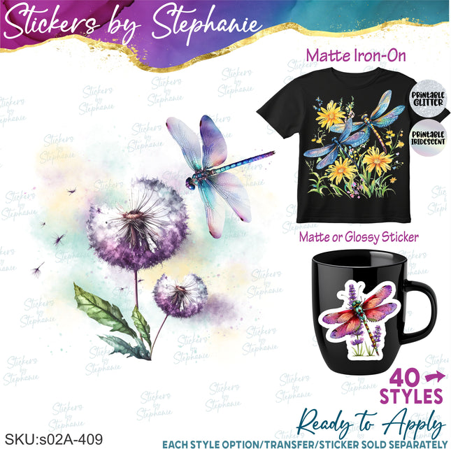 (s02A-409) Watercolor Flowers Floral Dragonfly Dragonflies Iron-On Transfer or Sticker