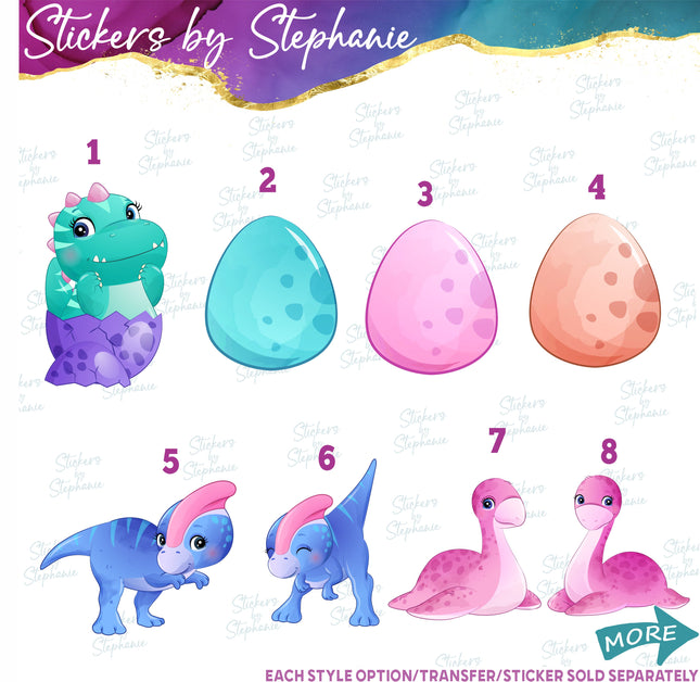 (s02A-412) Girly Baby Dino Dinosaurs Letter Number Age Iron-On Transfer or Sticker