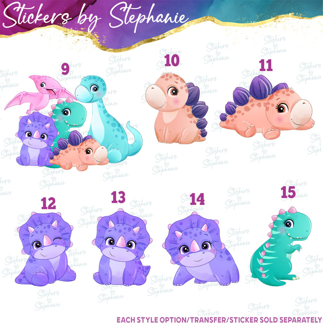 (s02A-412) Girly Baby Dino Dinosaurs Letter Number Age Iron-On Transfer or Sticker
