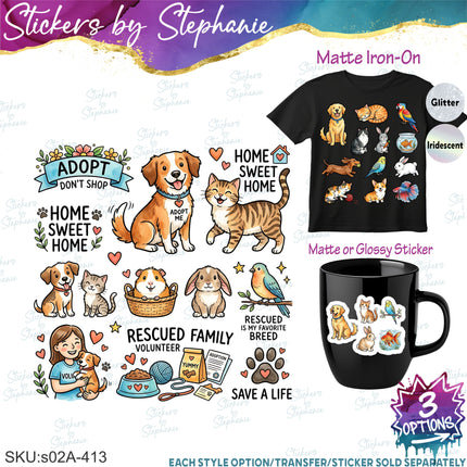 (s02A-413) Pets Pet Adoption Bundle Set Graphic Iron-On Transfer or Sticker