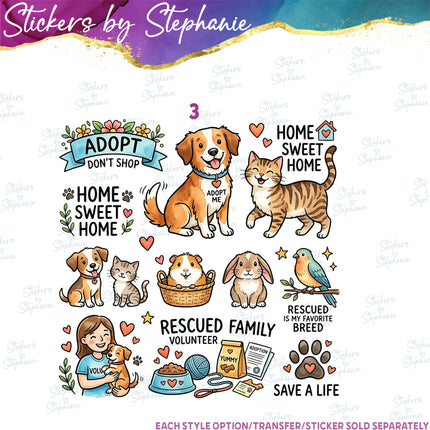 (s02A-413) Pets Pet Adoption Bundle Set Graphic Iron-On Transfer or Sticker