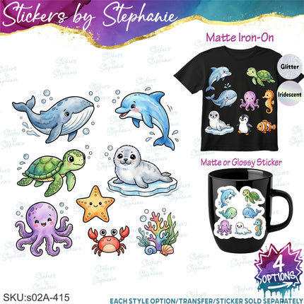 (s02A-415) Ocean Animals Bundle Set Graphic Iron-On Transfer or Sticker