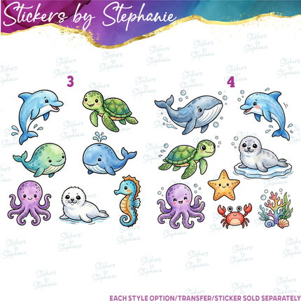 (s02A-415) Ocean Animals Bundle Set Graphic Iron-On Transfer or Sticker