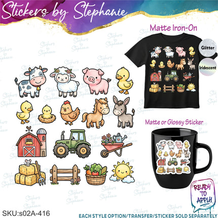 (s02A-416) Farm Animals Bundle Set Graphic Iron-On Transfer or Sticker
