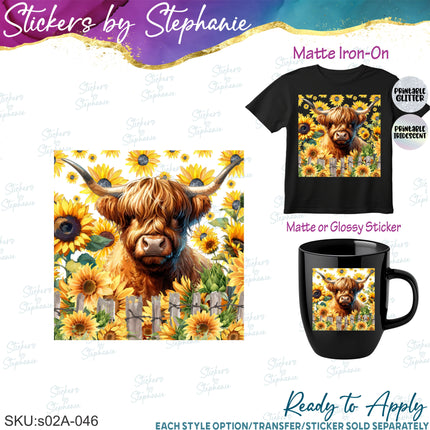 (s02A-046) Highland Cow Sunflowers Iron-On Transfer or Sticker