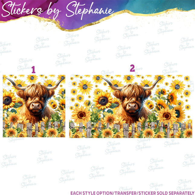 (s02A-046) Highland Cow Sunflowers Iron-On Transfer or Sticker