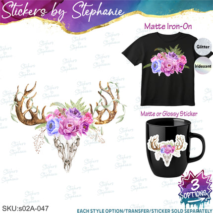 (s02A-047) Cow Skull Flowers Iron-On Transfer or Sticker