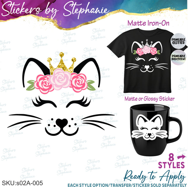 (s02A-005) Kitty Cat Face Flowers Crown Iron-On Transfer