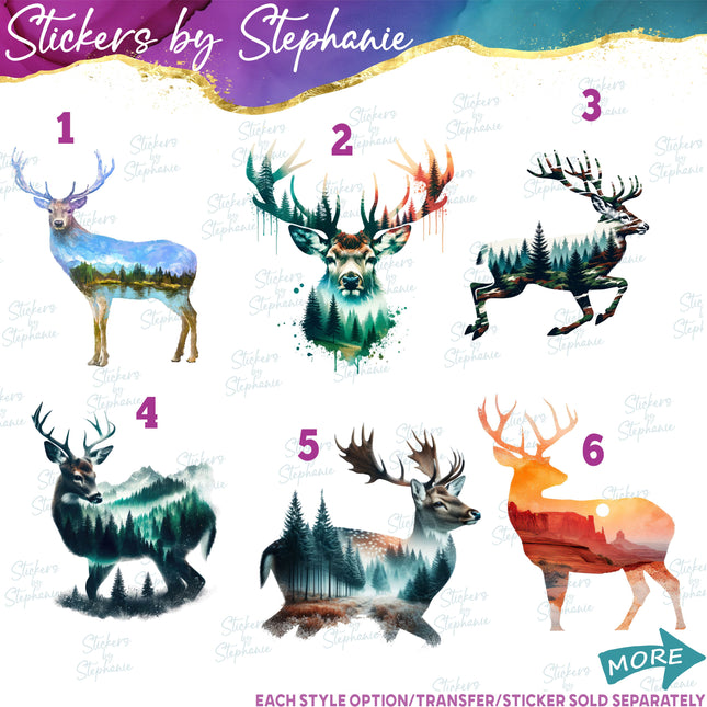 (s02A-051) Double Exposure Deer Buck Iron-On Transfer or Sticker