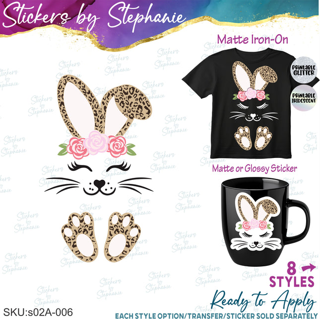 (s02A-006) Leopard Bunny Rabbit Flowers Crown Iron-On Transfer