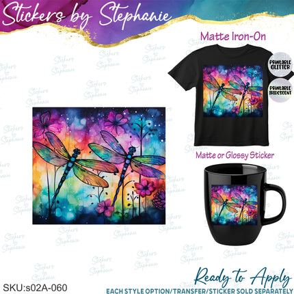 (s02A-060) Dragonfly Alcohol Ink Iron-On Transfer or Sticker