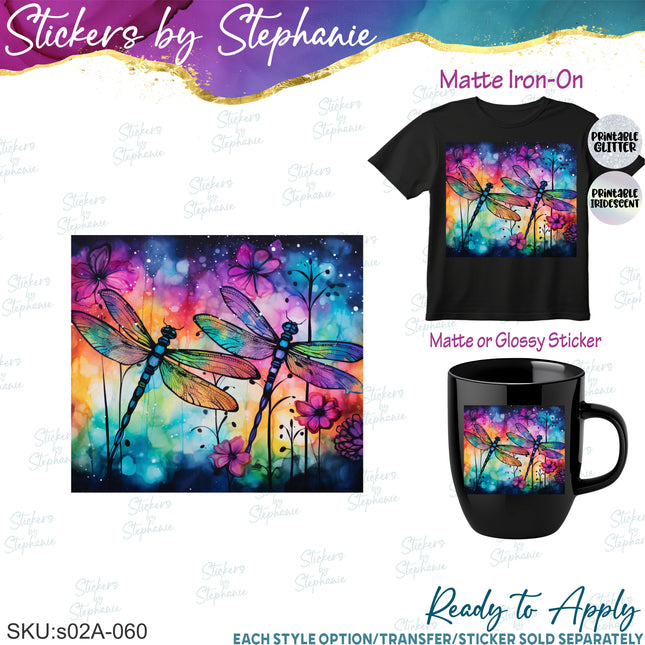 (s02A-060) Dragonfly Alcohol Ink Iron-On Transfer or Sticker