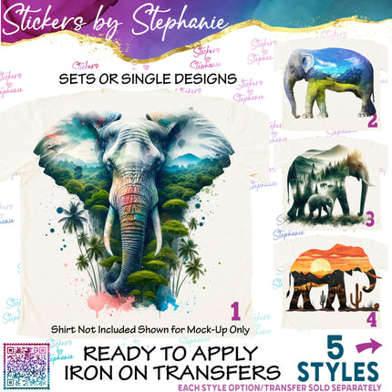 (s02A-063) Double Exposure Elephant Iron-On Transfer or Sticker