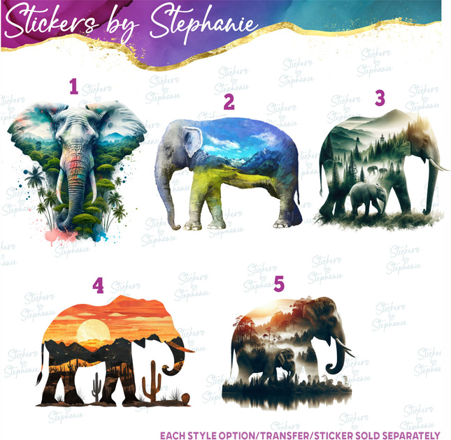 (s02A-063) Double Exposure Elephant Iron-On Transfer or Sticker