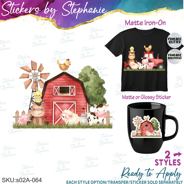(s02A-064) Red Barn Tractor Farm Animals Iron-On Transfer or Sticker