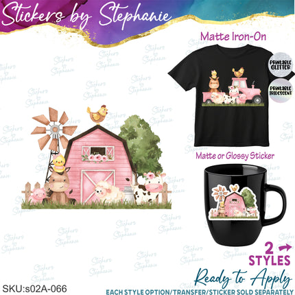 (s02A-066) Pink Barn Tractor Farm Animals Iron-On Transfer or Sticker