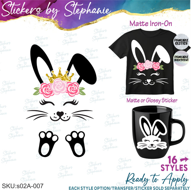 (s02A-007) Bunny Rabbit Flowers Crown Iron-On Transfer