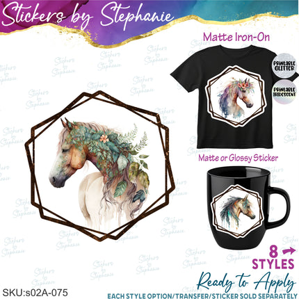 (s02A-075) Boho Horse Head Iron-On Transfer or Sticker