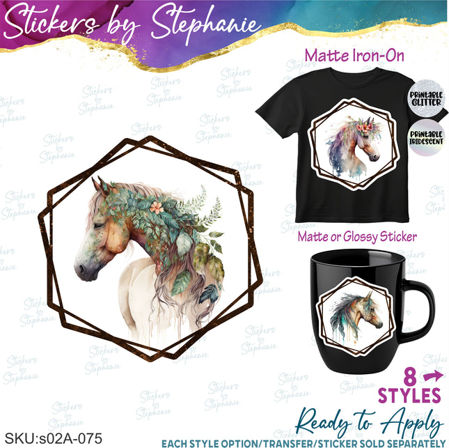 (s02A-075) Boho Horse Head Iron-On Transfer or Sticker