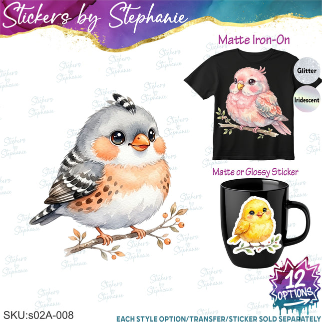 (s02A-008) Cute Birds Bird Illustrated Graphic Iron-On Transfer or Sticker