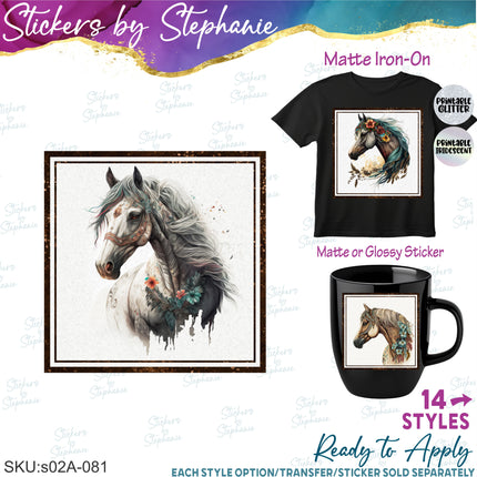 (s02A-081) Boho Horse Head Iron-On Transfer or Sticker