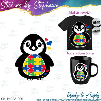 (s02A-009) Penguin Autism Puzzle Iron-On Transfer or Sticker