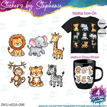 (s02A-096) Safari Animals Bundle Set Graphic Iron-On Transfer or Sticker