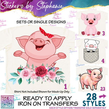 (s02A-098) Cartoon Illustrated Pigs Flowers Iron-On Transfer or Sticker