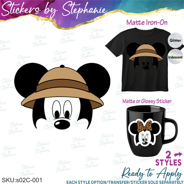 (s02C-001) Safari Mickey Minnie Mouse Face Graphic Iron-On Transfer or Sticker