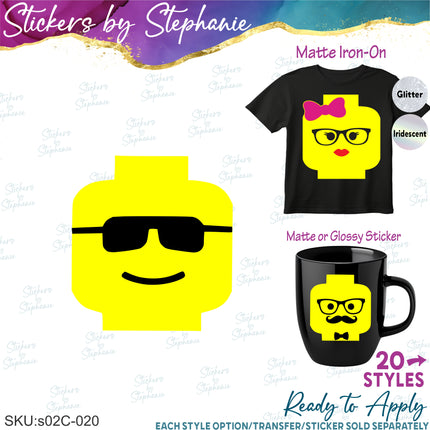 (s01C-020) Lego Minifig Head Graphic Iron-On Transfer or Sticker