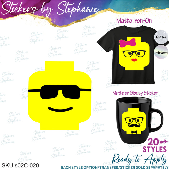 (s02C-020) Lego Minifig Head Graphic Iron-On Transfer or Sticker