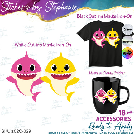(s02C-029) Baby Shark Family 2 Sharks Graphic Iron-On Transfer or Sticker
