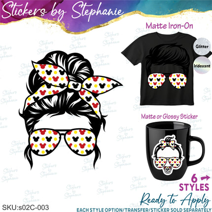 (s02C-003) Messy Bun Disney Print Sunglasses Graphic Iron-On Transfer or Sticker